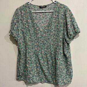 Bloom chic floral teal V-neck women’s dress shirt blouse